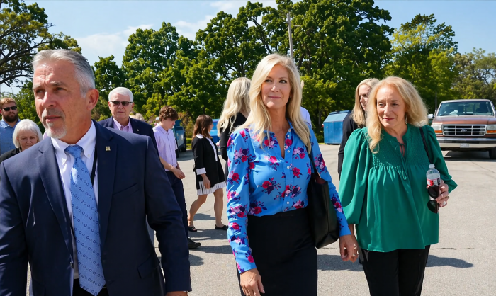 2025年10月2日法院開庭時，辛蒂．克萊米希爾（中）與母親、律師和支持者一同前往法院。（YT@Dallas Morning News影片截圖）